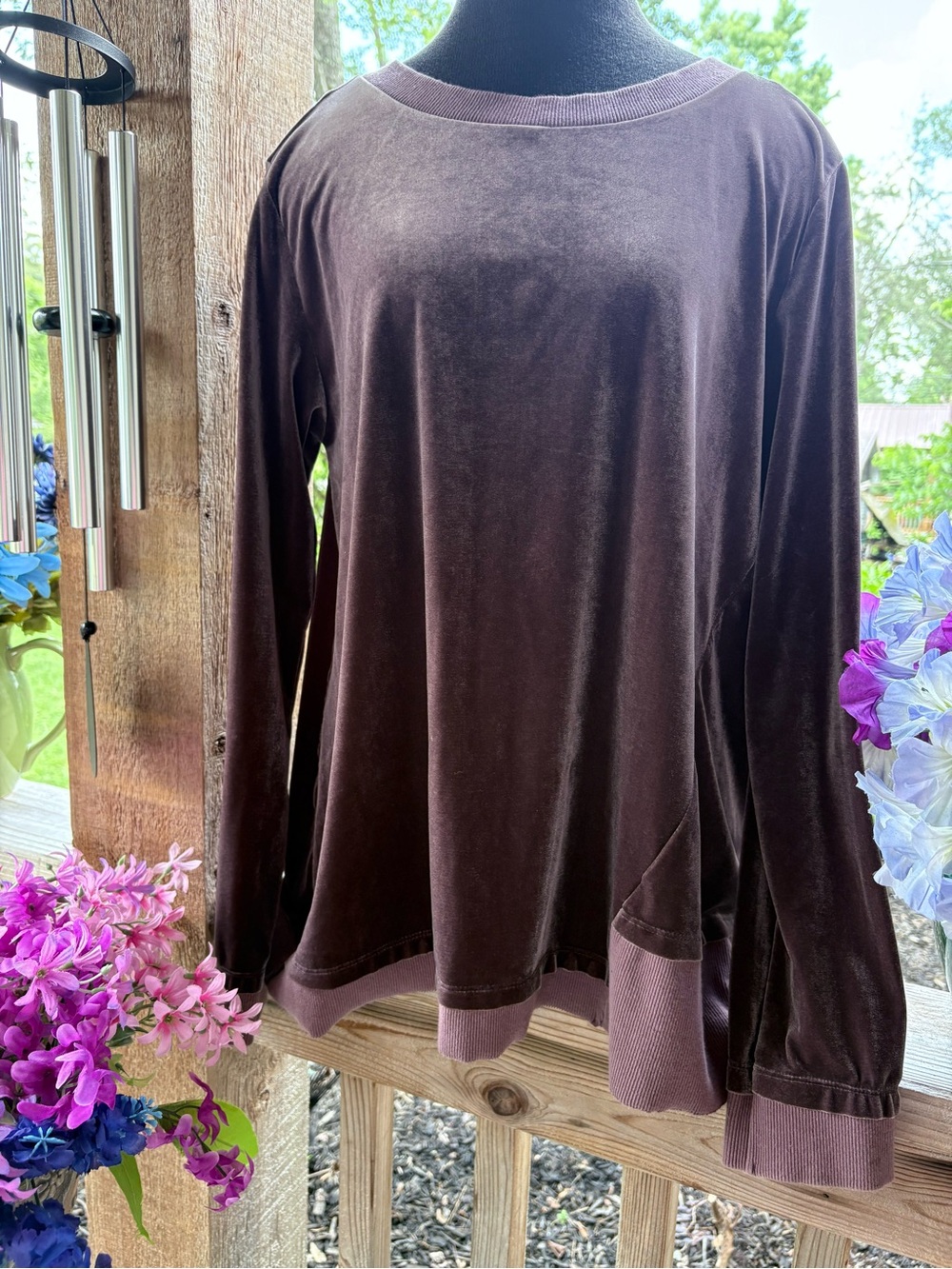 Easel Mauve Soft Velvet & Ribbed Knit Raw Edged Trim Oversized Long Sleeve Top